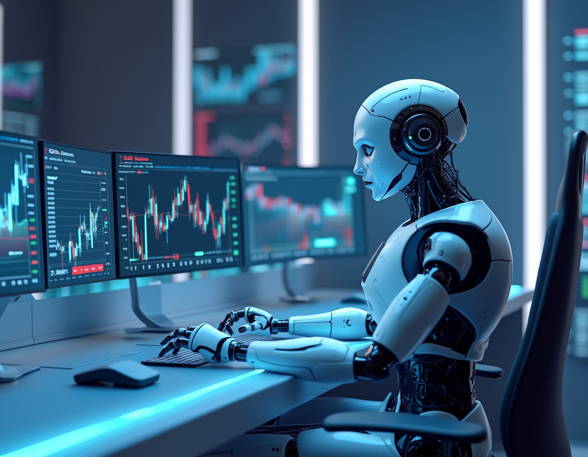 A hyper-realistic AI trading bot seated at a workstation, analyzing data across multiple screens.