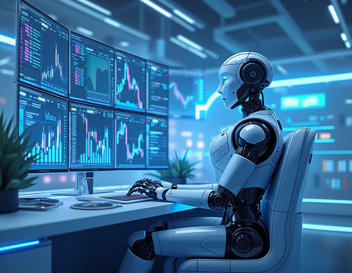 A humanoid AI trading bot analyzes market data at a high-tech workstation surrounded by screens.