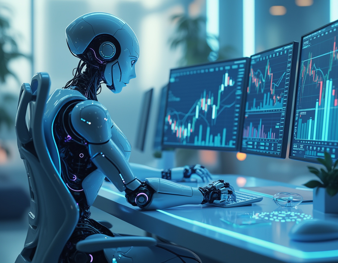 A hyper-realistic AI trading bot at a workstation, analyzing market data on multiple screens.