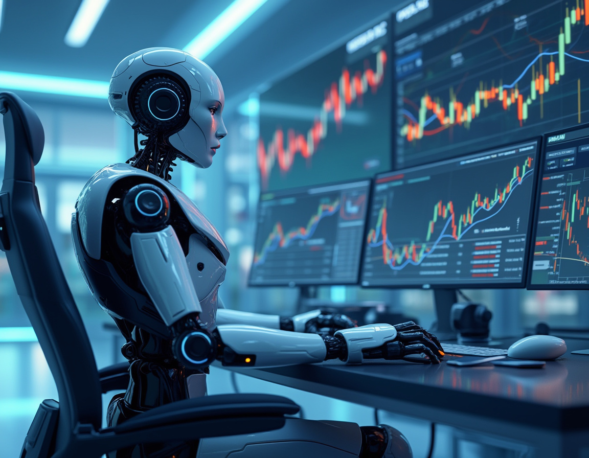 A hyper-realistic AI trading bot at a futuristic workstation analyzing crypto and stock market data.