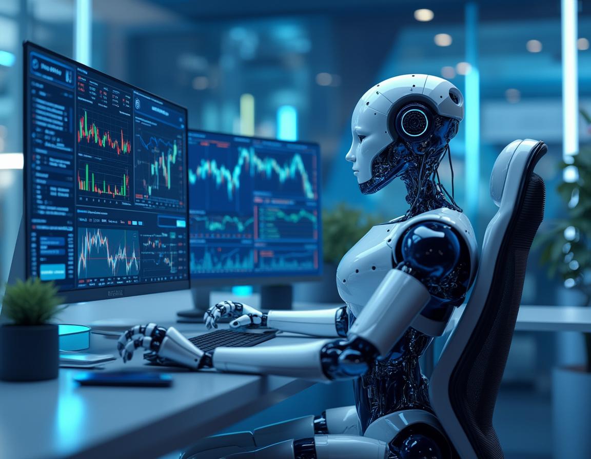 A hyper-realistic AI trading bot in a futuristic environment analyzing stock and crypto market data.