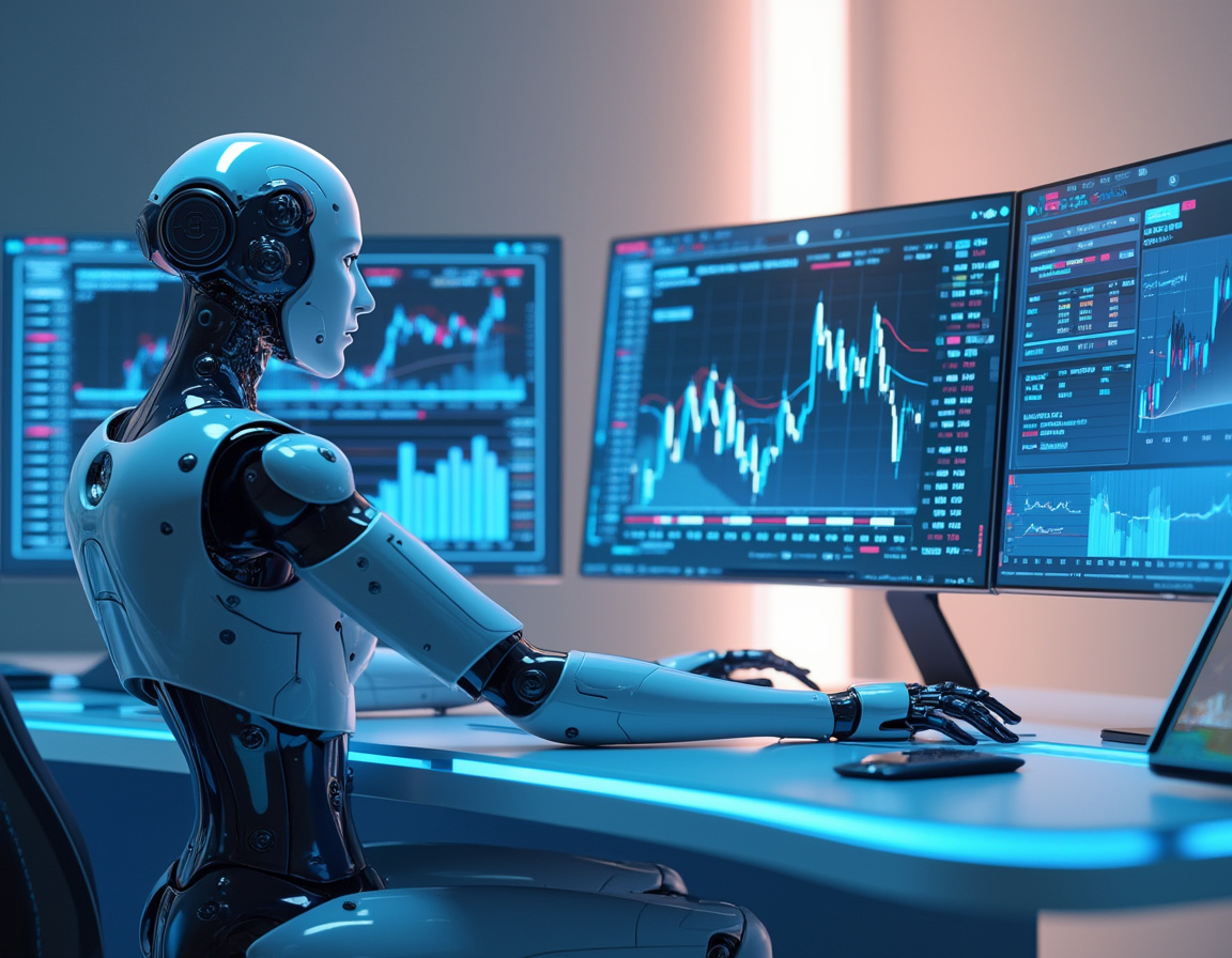 A hyper-realistic AI trading bot in a high-tech setting, analyzing market data on multiple screens.
