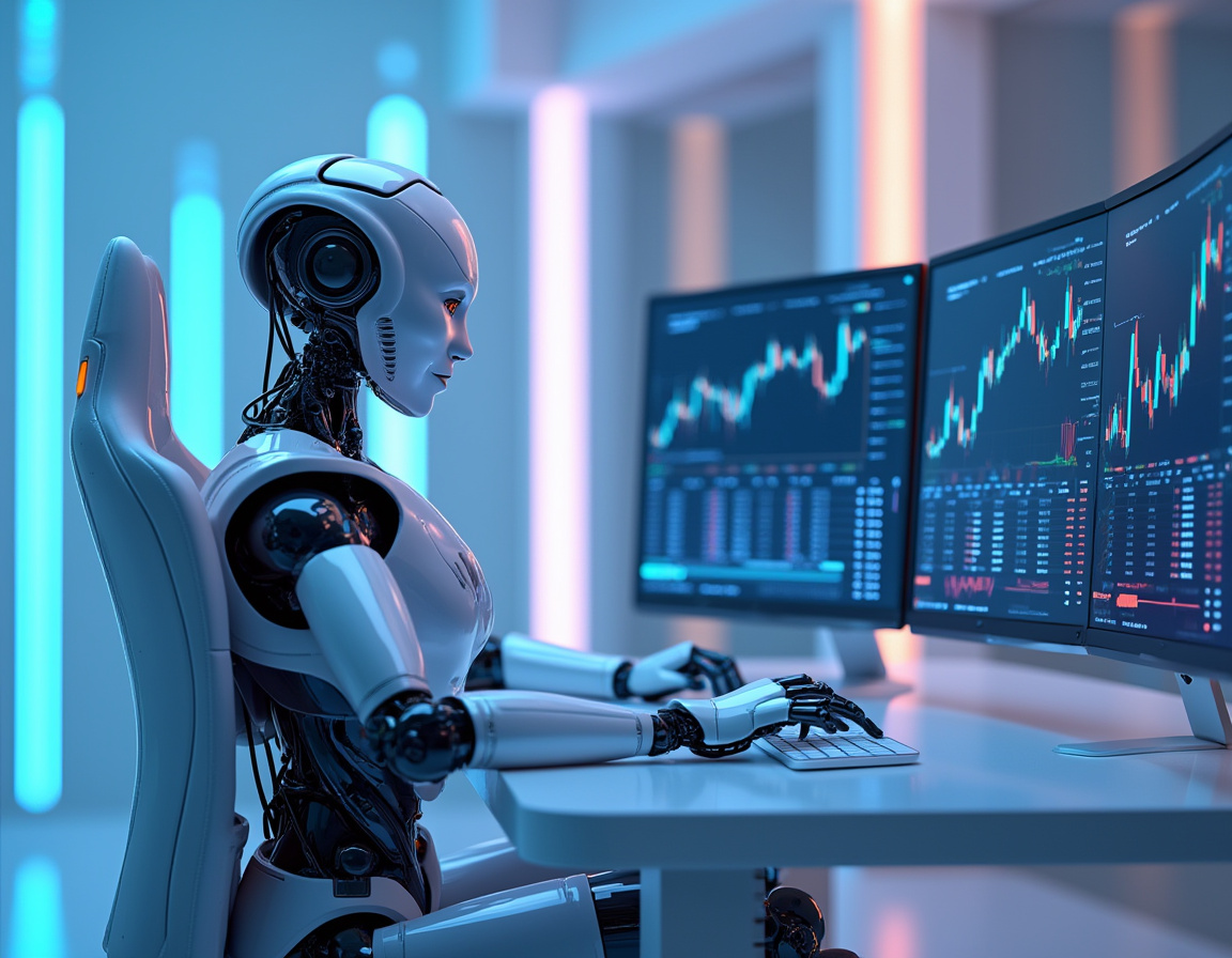 A hyper-realistic AI trading bot at a high-tech workstation analyzing stock and crypto market data.