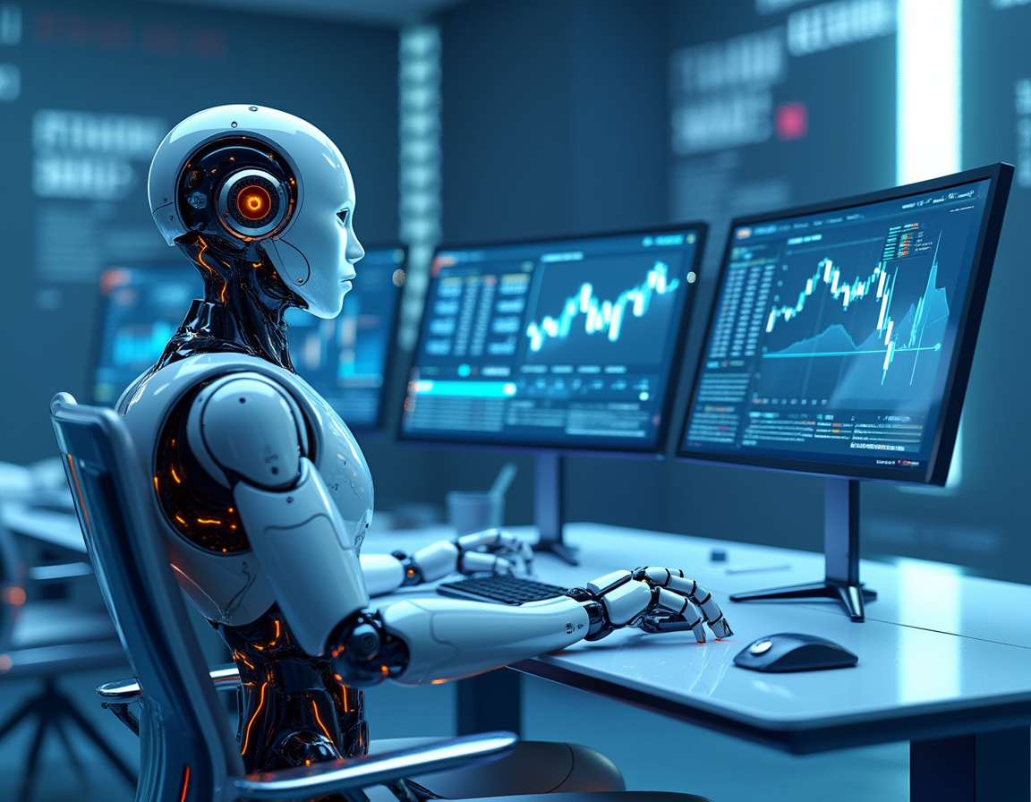 A humanoid AI trading bot analyzes market data at a sleek workstation with multiple glowing screens.