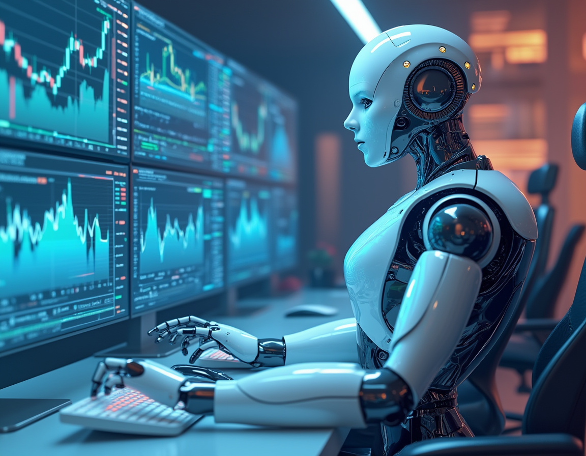A hyper-realistic AI trading bot at a sleek workstation analyzing market data on multiple screens.