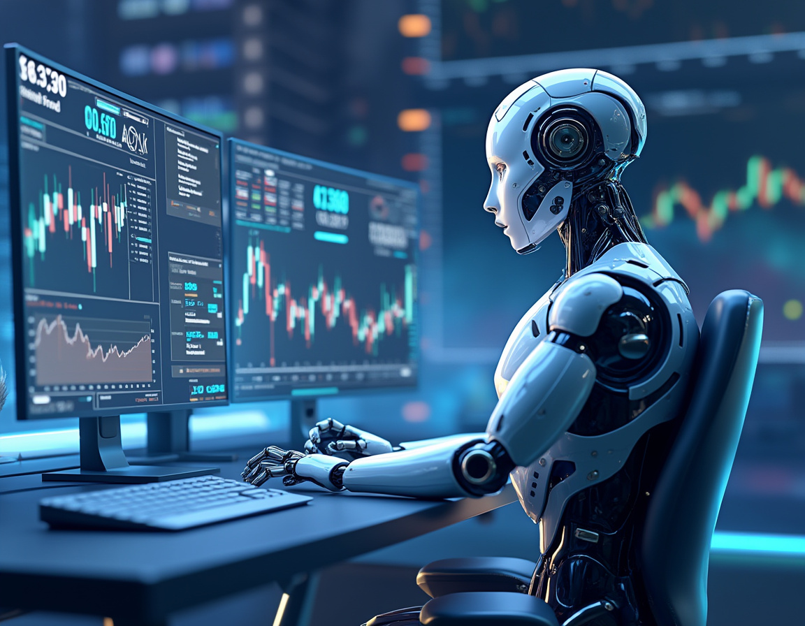 A hyper-realistic AI trading bot at a high-tech workstation analyzing crypto and stock market data.