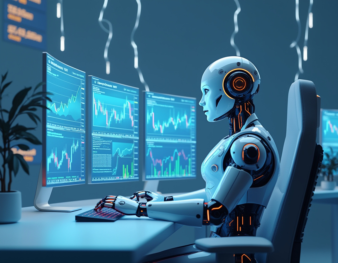 A hyper-realistic AI trading bot at a high-tech workstation analyzing stock and crypto market data.