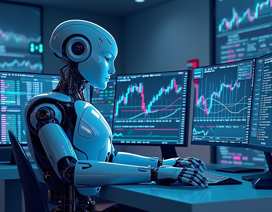 A realistic humanoid AI trading bot at a workstation, analyzing market data on multiple screens.