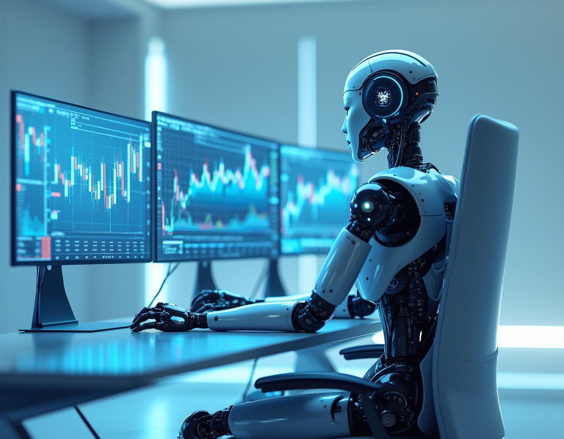 A humanoid AI trading bot at a workstation, analyzing crypto and stock data on multiple screens.