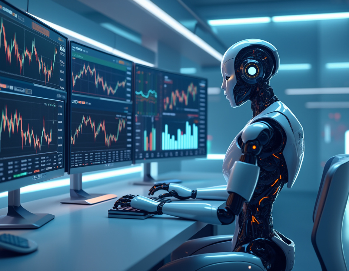 A hyper-realistic AI trading bot in a high-tech workstation analyzing data on multiple screens.