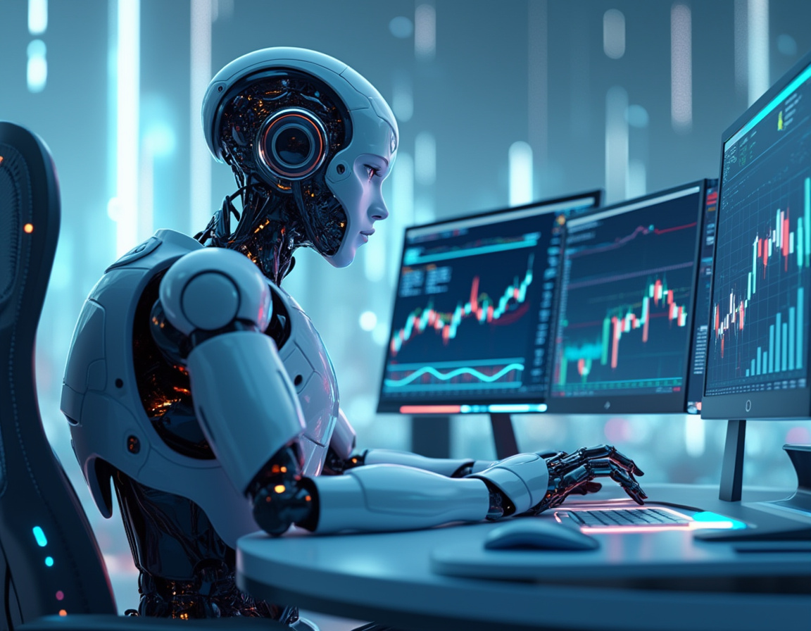 A hyper-realistic AI trading bot analyzes market data in a futuristic financial environment.