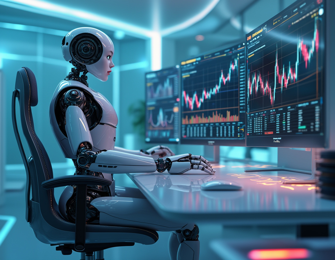 A humanoid AI trading bot analyzing market data in a futuristic workstation, multiple screens lit.
