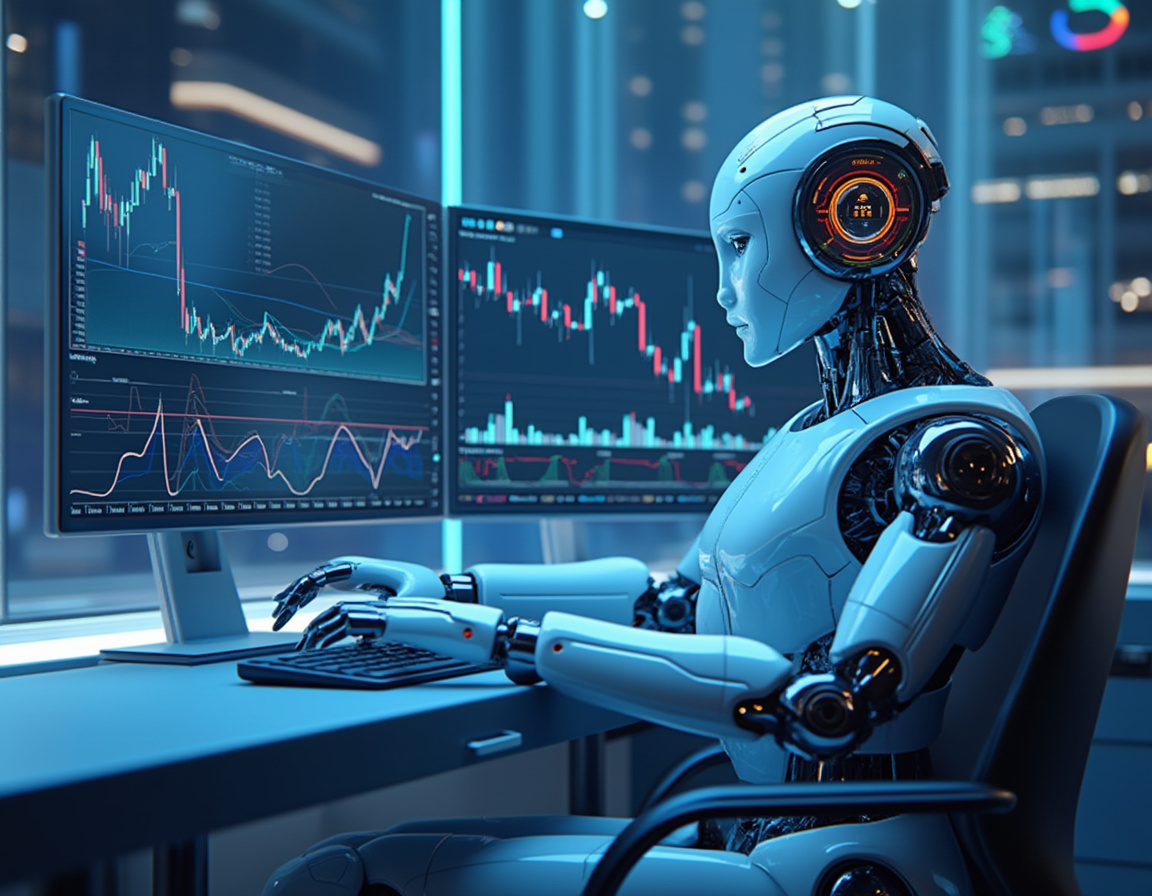 A humanoid AI trading bot analyzes market data at a futuristic workstation with multiple screens.