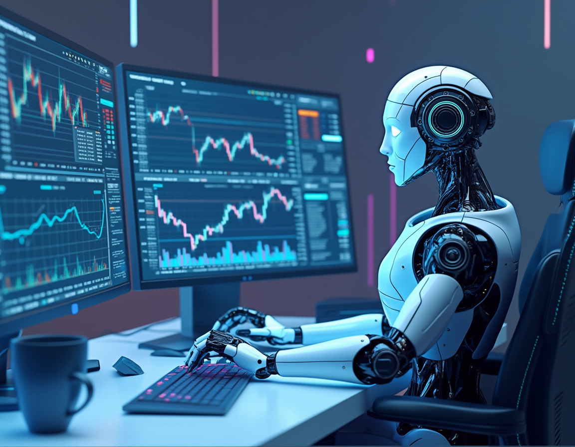 A hyper-realistic AI trading bot seated at a workstation analyzing market data on multiple screens.