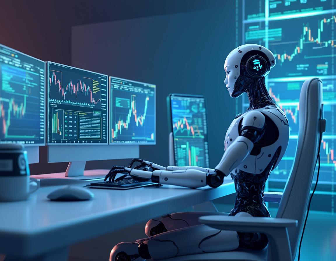 A hyper-realistic AI trading bot analyzes markets at a high-tech workstation with multiple screens.