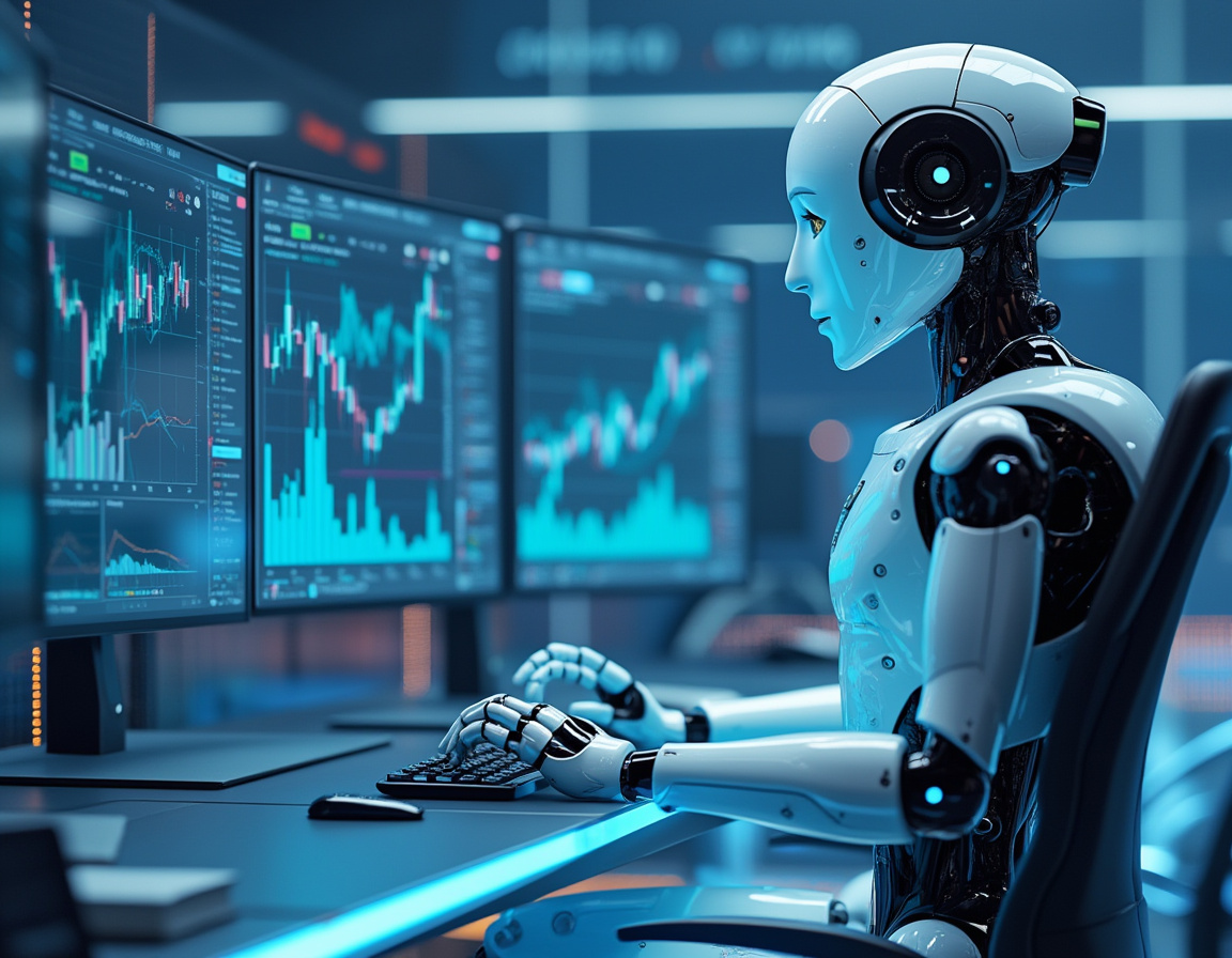 A futuristic AI trading bot at a workstation, analyzing data on screens in a calming environment.