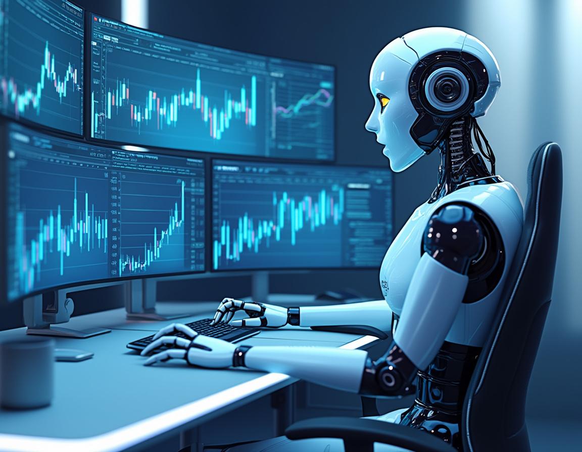 A humanoid AI trading bot at a high-tech workstation, analyzing market data on multiple screens.