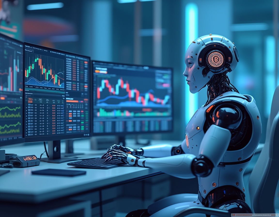 A humanoid AI trading bot at a high-tech workstation, analyzing market data across multiple screens.