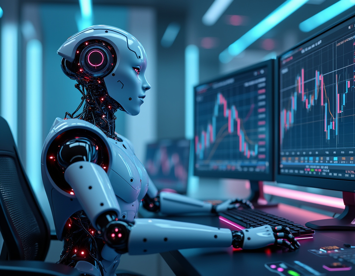 A humanoid AI trading bot analyzes market data at a high-tech workstation with glowing screens.