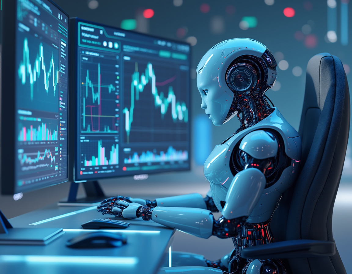 A humanoid AI trading bot analyzes market data at a high-tech workstation with multiple screens.