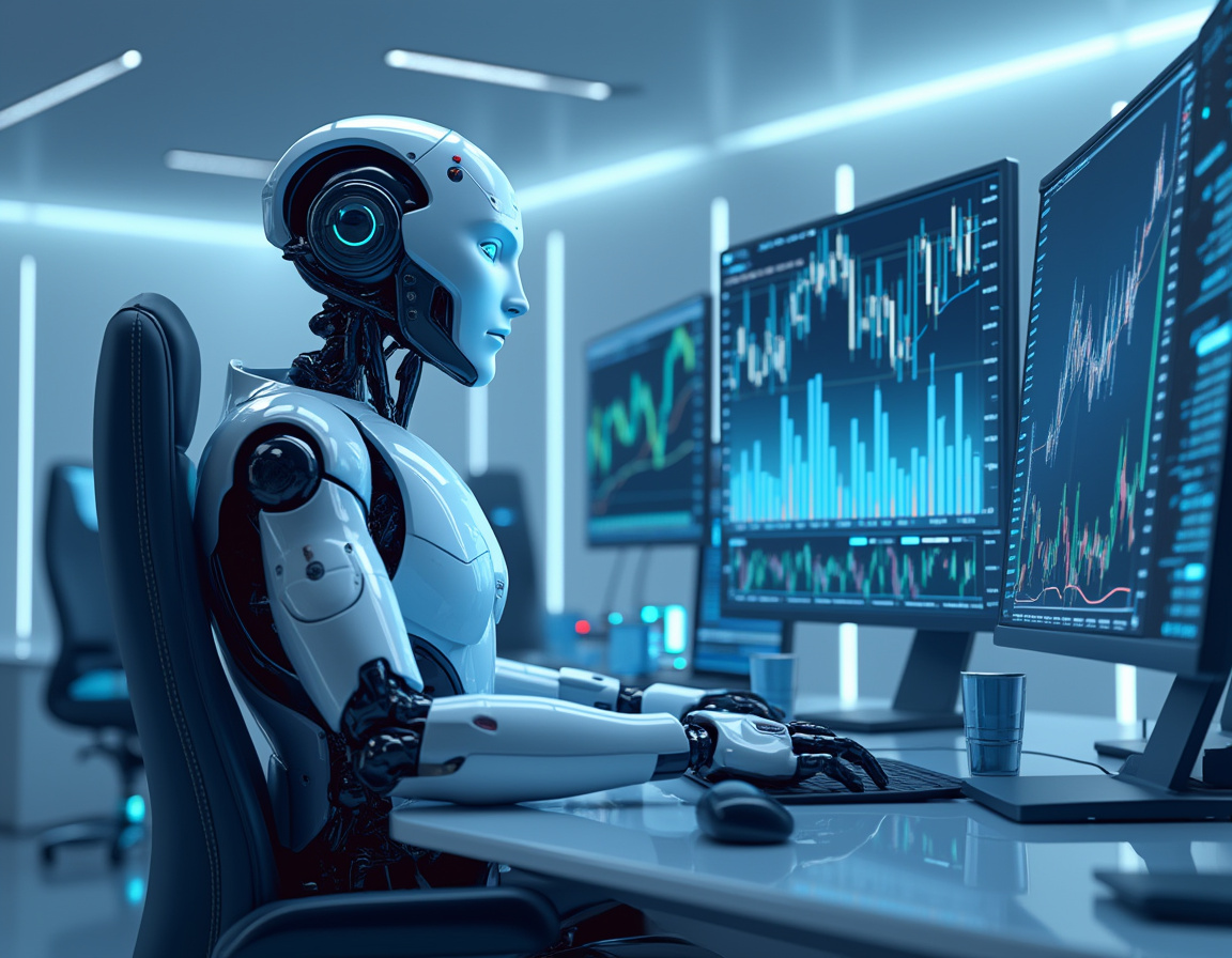 Hyper-realistic AI trading bot at a high-tech workstation analyzing market data on multiple screens.