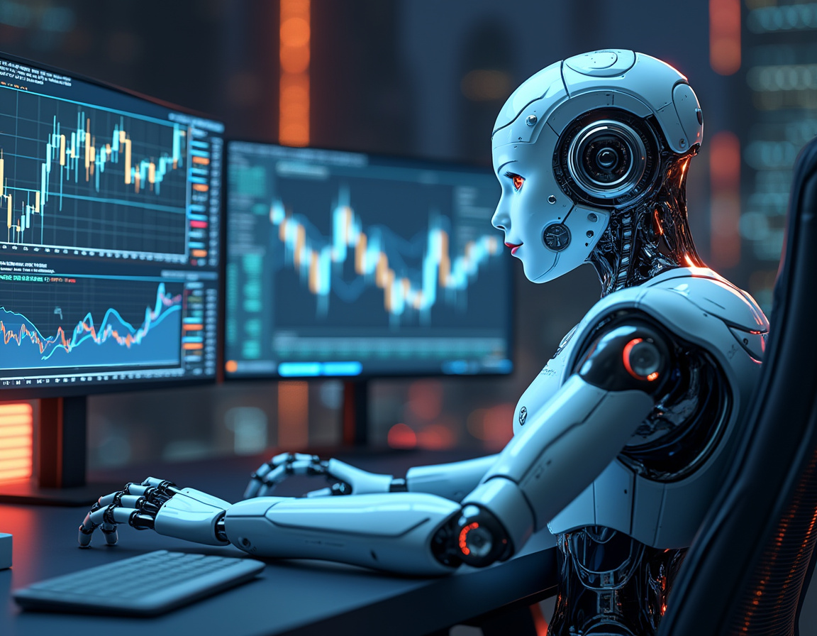 A hyper-realistic AI trading bot seated at a workstation, analyzing market data on multiple screens.