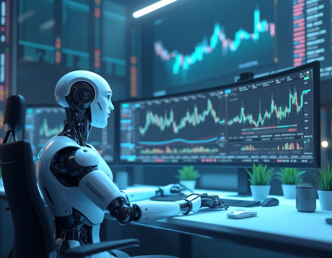 A humanoid AI trading bot works at a sleek workstation analyzing market data on multiple screens.