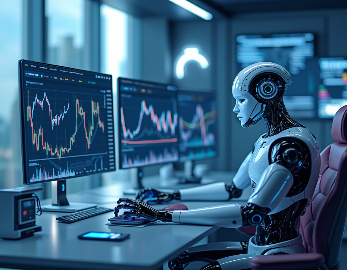 A humanoid AI trading bot analyzes market data at a high-tech workstation with multiple screens.