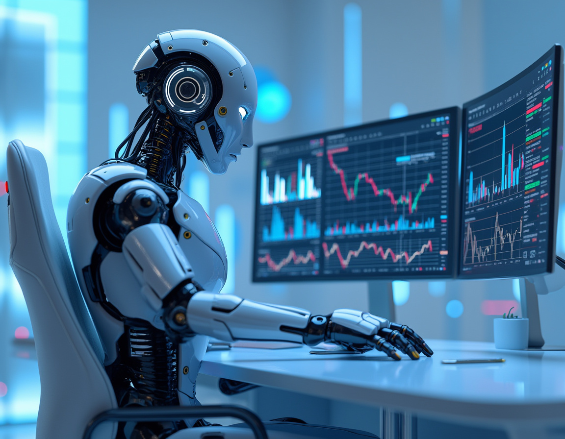 A hyper-realistic AI trading bot in a high-tech setting, analyzing crypto and stock market data.
