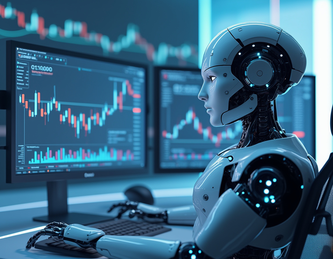 A humanoid AI trading bot at a high-tech workstation analyzing market data, surrounded by screens.