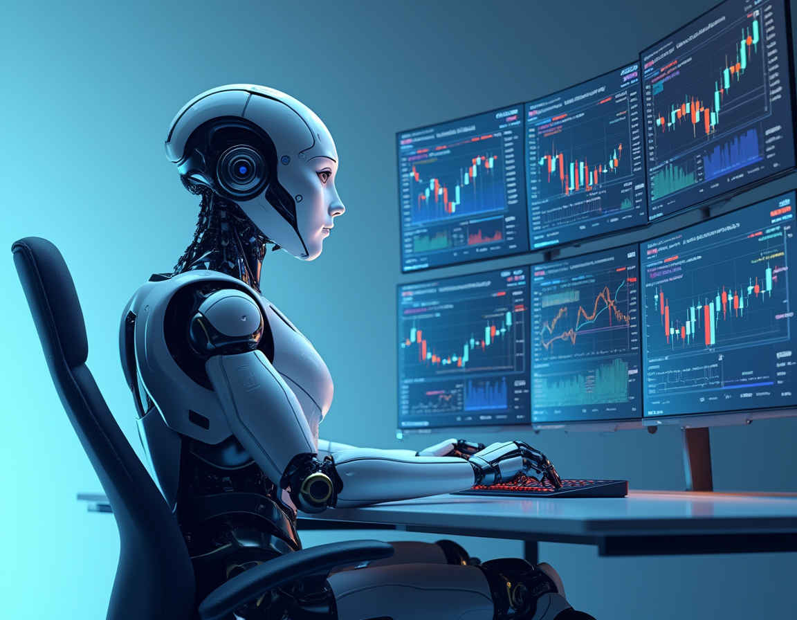 A humanoid AI trading bot at a futuristic workstation analyzing market data on multiple screens.