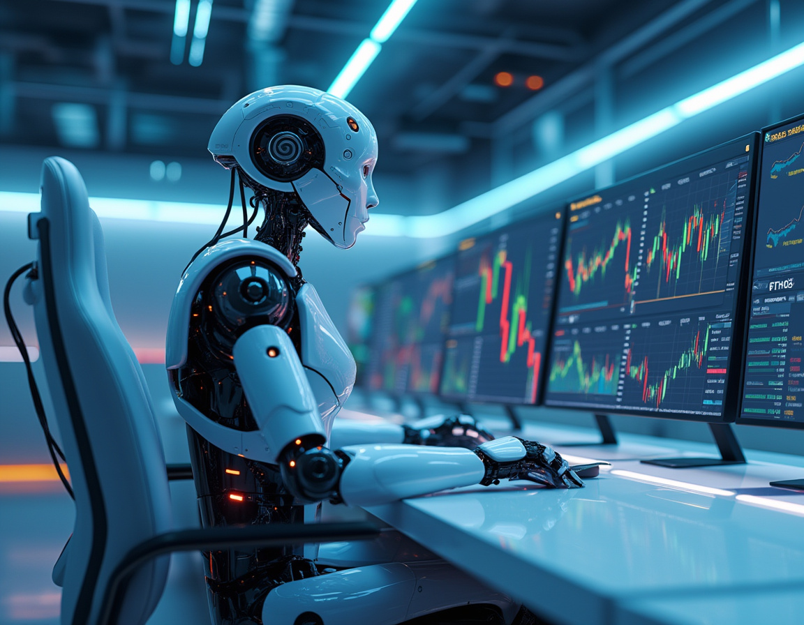 A sleek, humanoid AI trading bot analyzes data at a high-tech workstation in a futuristic setting.
