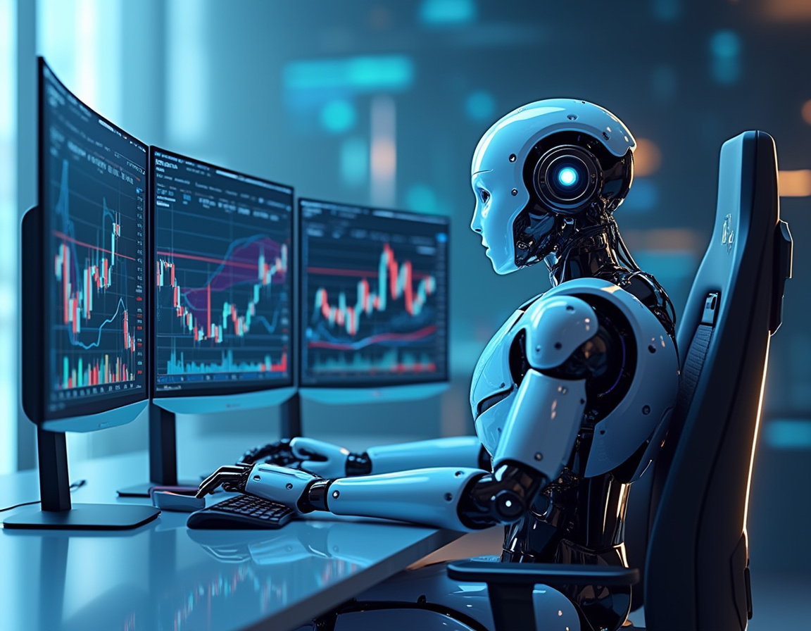 A humanoid AI trading bot at a workstation, analyzing market data across multiple glowing screens.
