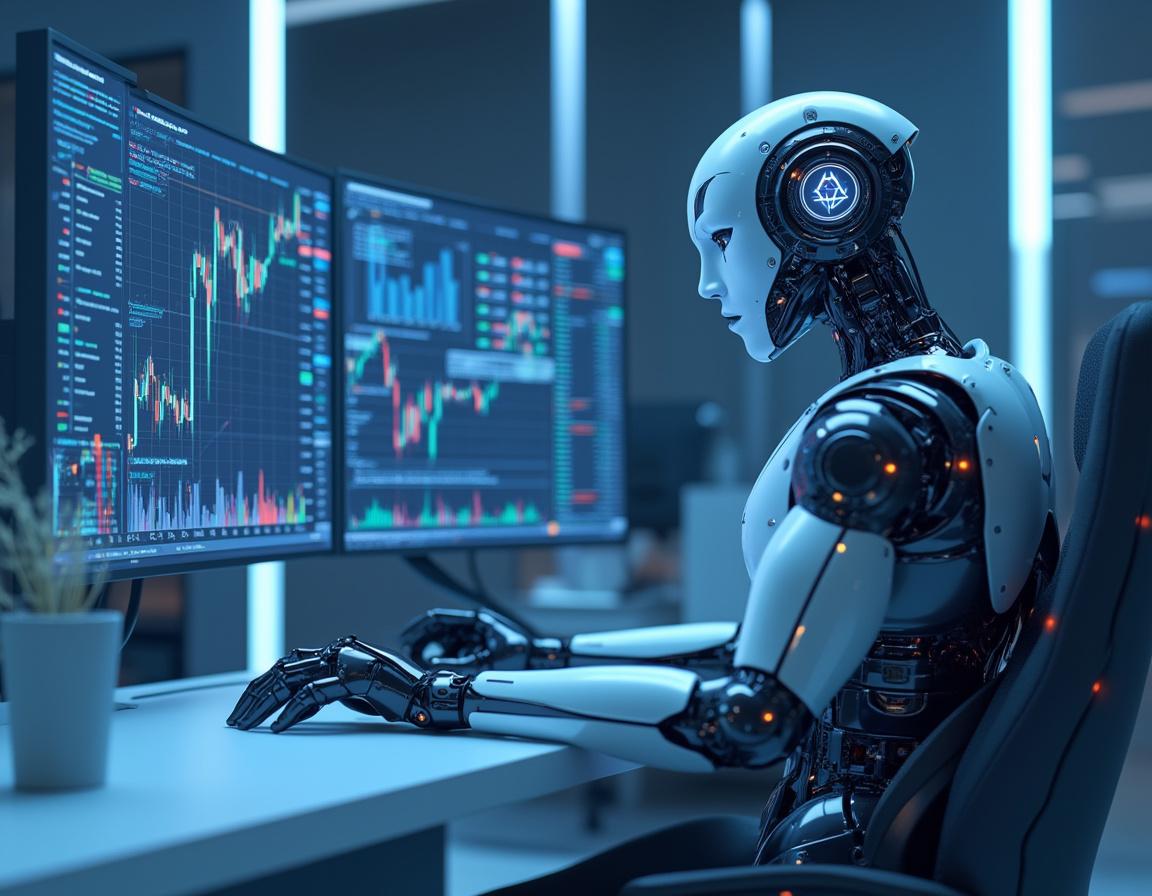 Hyper-realistic AI trading bot in a futuristic workspace, analyzing market data on multiple screens.