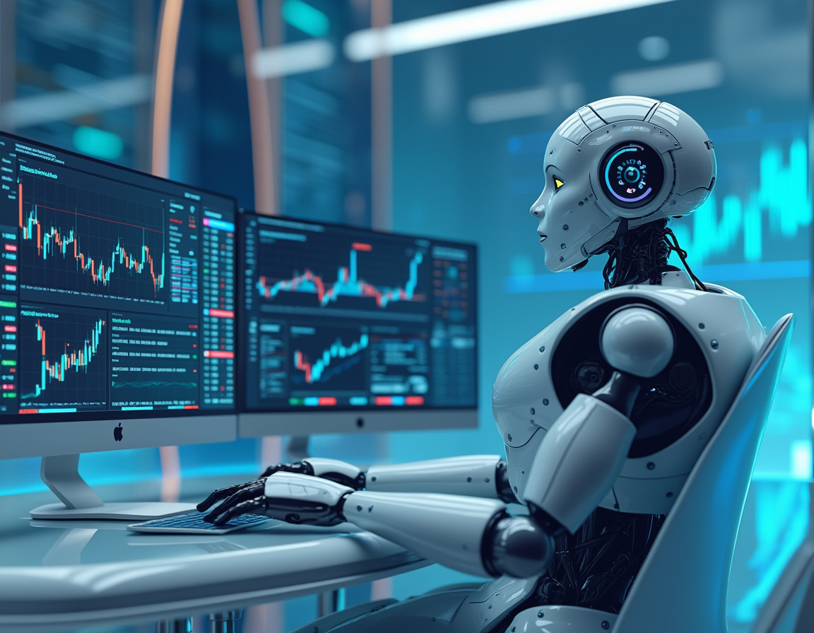 A hyper-realistic AI trading bot analyzing market data in a futuristic trading environment.