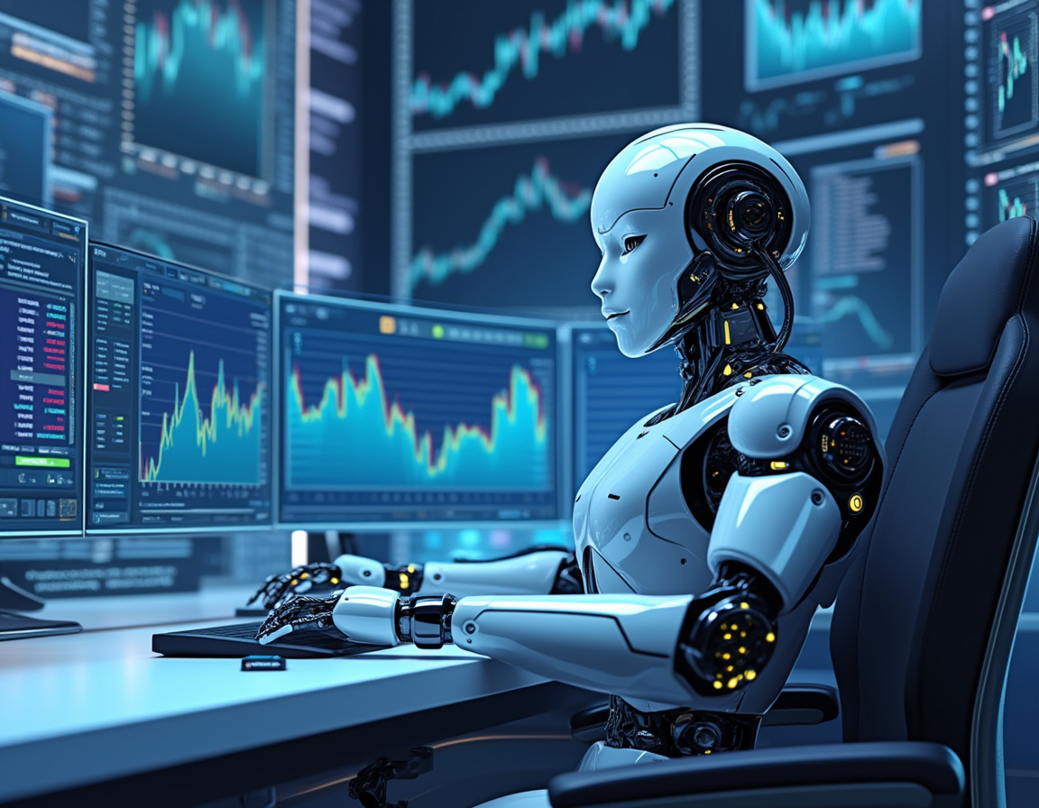 A hyper-realistic AI trading bot analyzes market data on multiple screens in a futuristic setting.