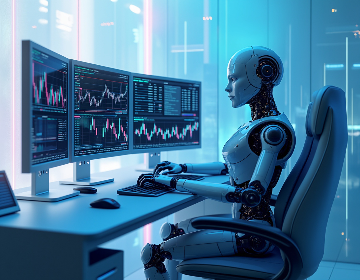 A humanoid AI trading bot sits at a high-tech workstation, analyzing market data on glowing screens.