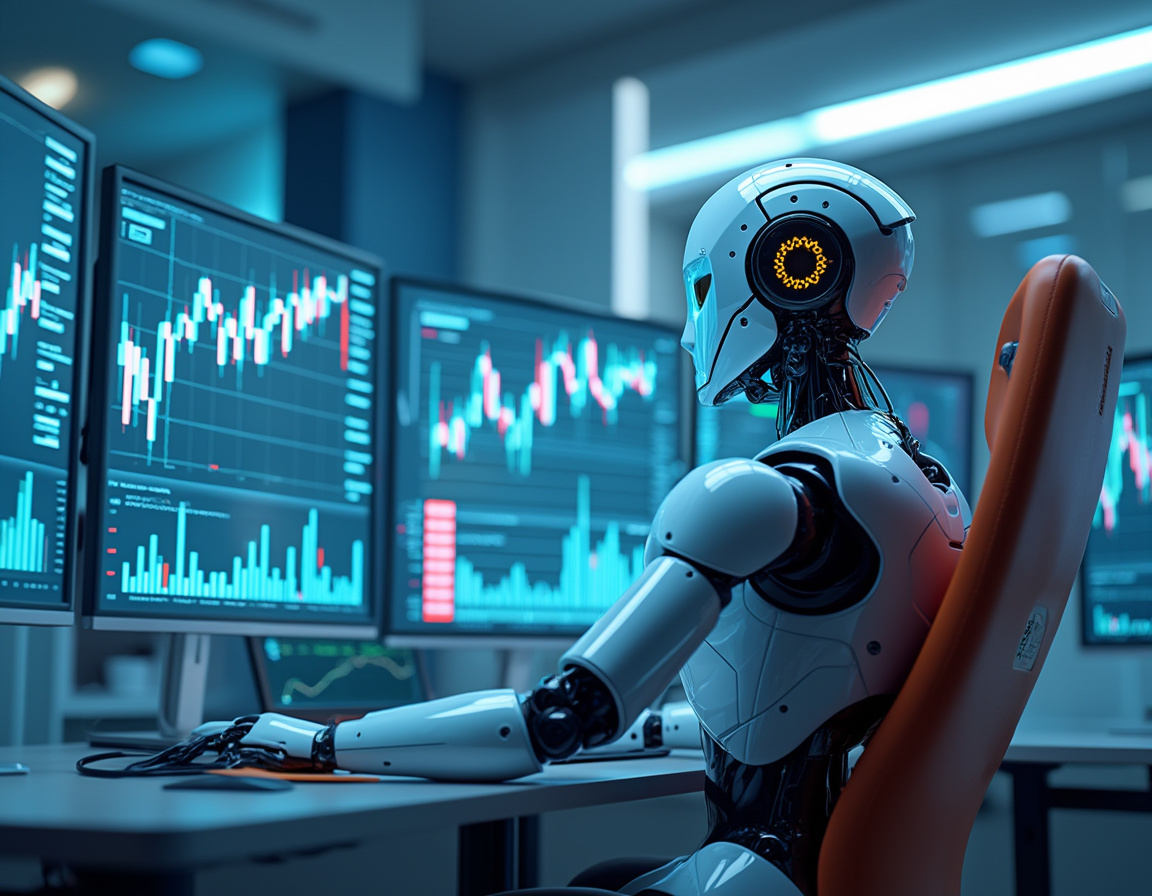A futuristic trading bot analyzes data on multiple screens in a sleek, high-tech workstation setup.