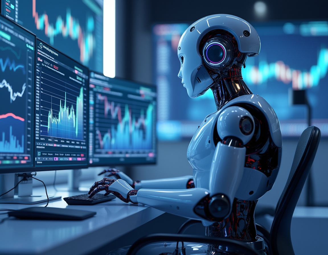 A hyper-realistic AI trading bot at a futuristic workstation analyzing crypto and stock market data.