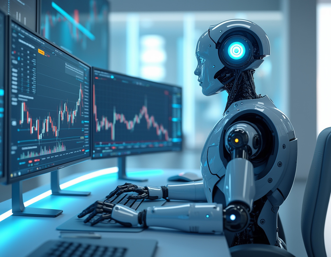 A humanoid AI trading bot analyzes market data at a high-tech workstation with multiple screens.