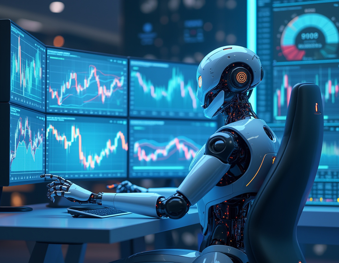 A humanoid AI trading bot at a high-tech workstation, analyzing market data on multiple screens.