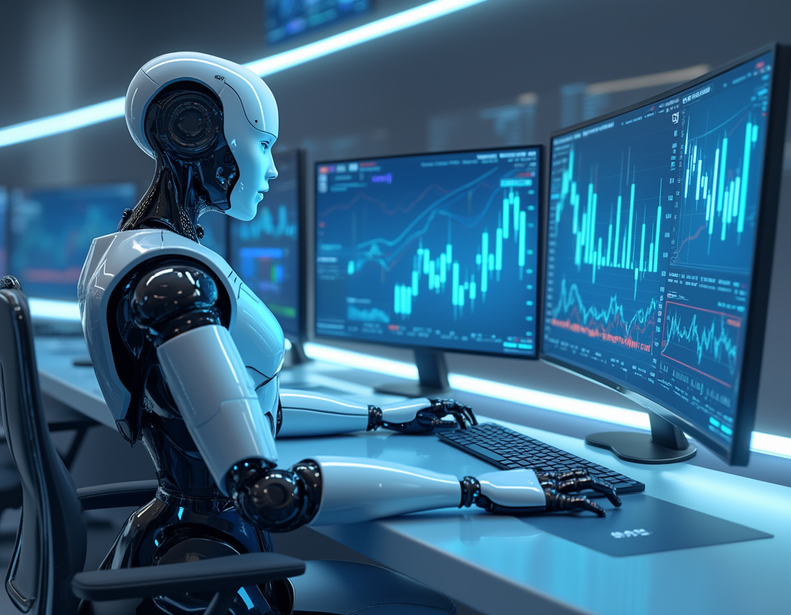 A hyper-realistic AI trading bot analyzes market data at a sleek workstation with multiple screens.