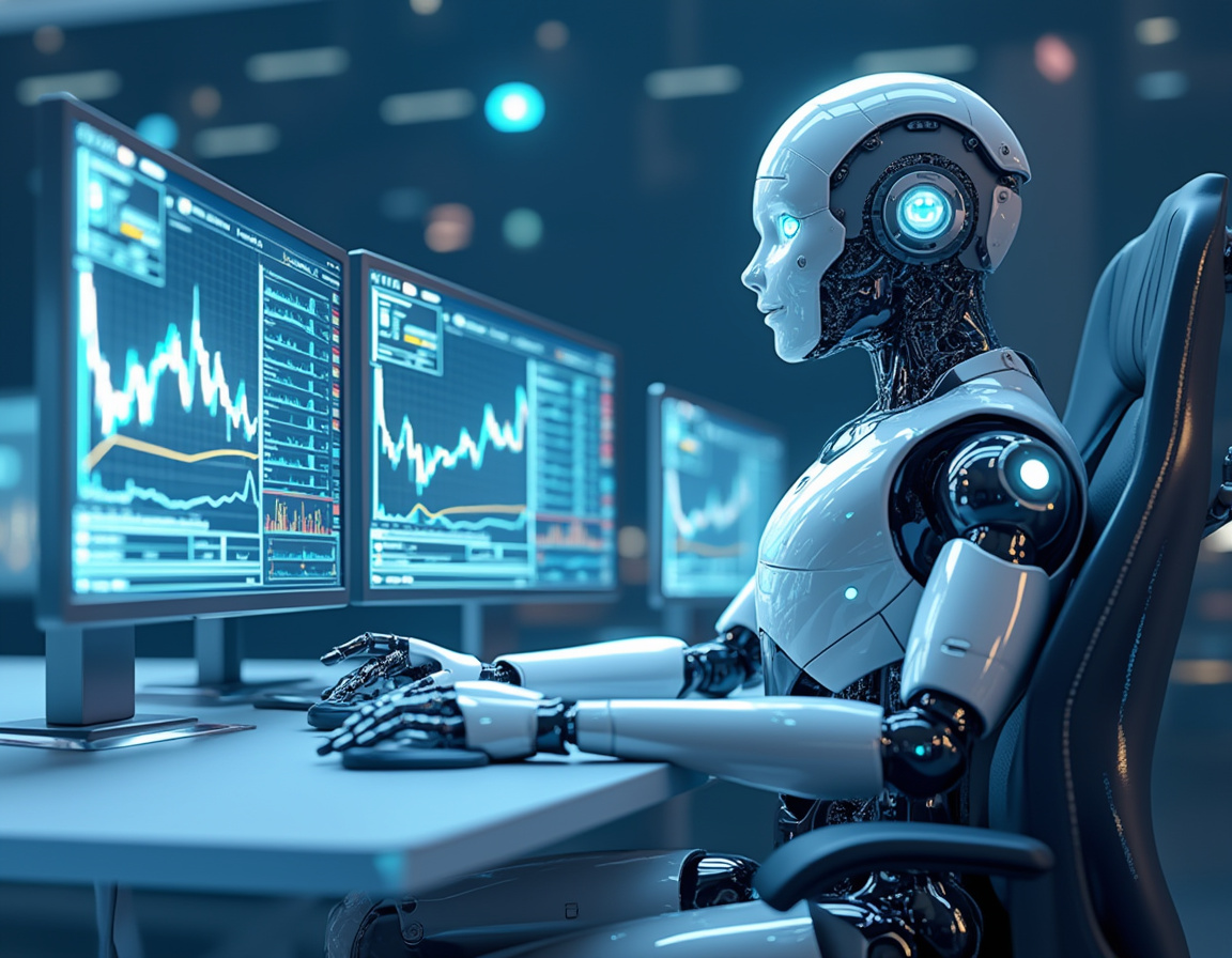 A humanoid AI trading bot analyzes market data at a high-tech workstation with digital screens.