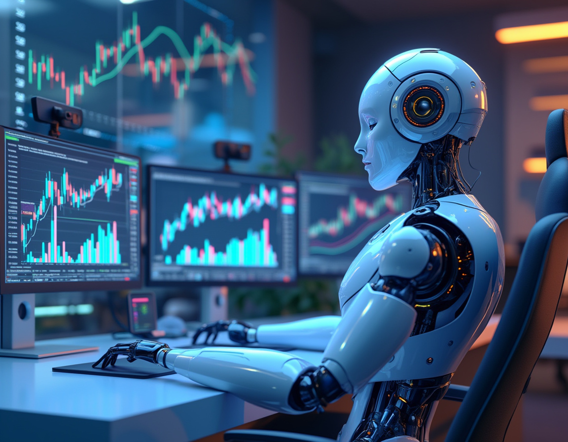 A humanoid AI trading bot at a workstation, analyzing data on screens in a futuristic environment.