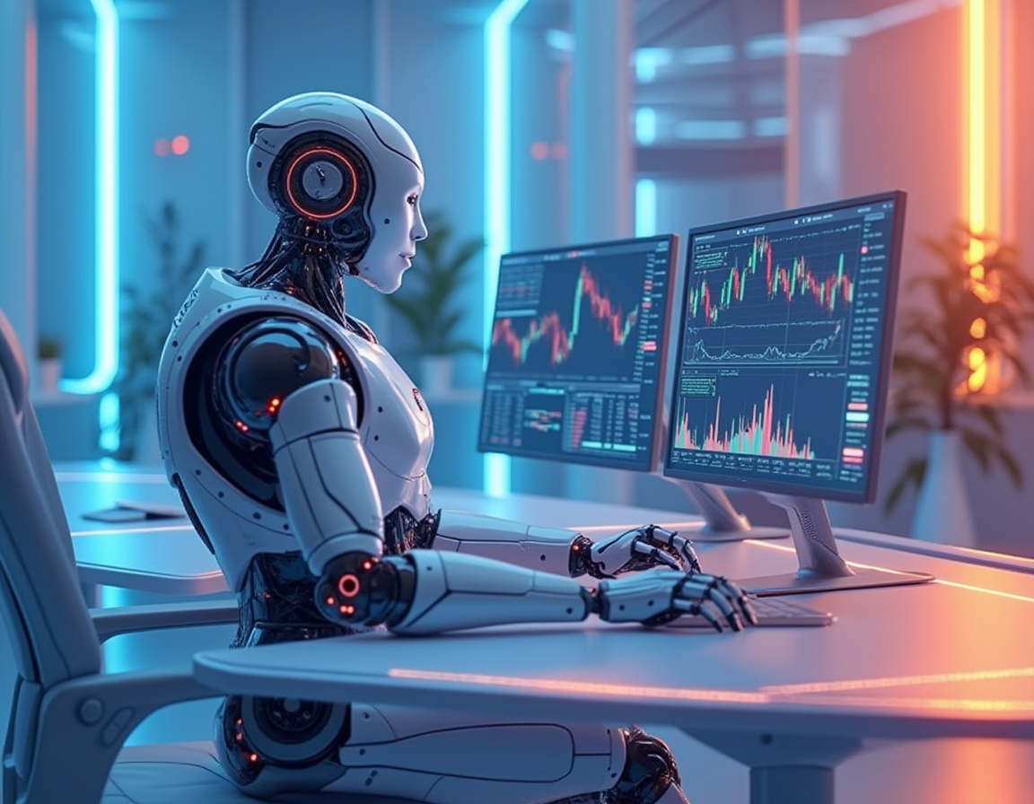 A hyper-realistic AI trading bot at a workstation, analyzing market data in a futuristic setting.