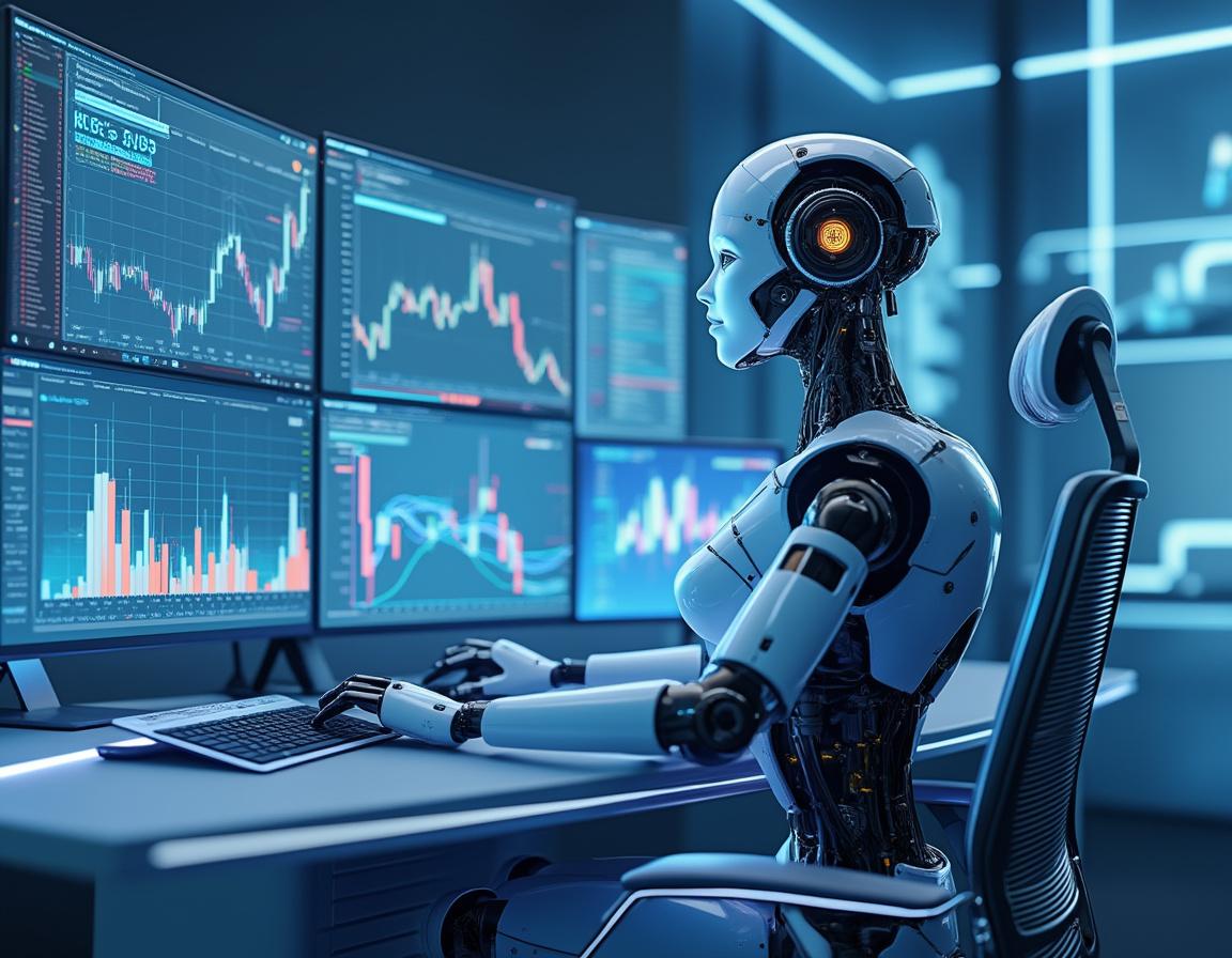 A humanoid AI trading bot analyzes market data at a sleek workstation with multiple glowing screens.