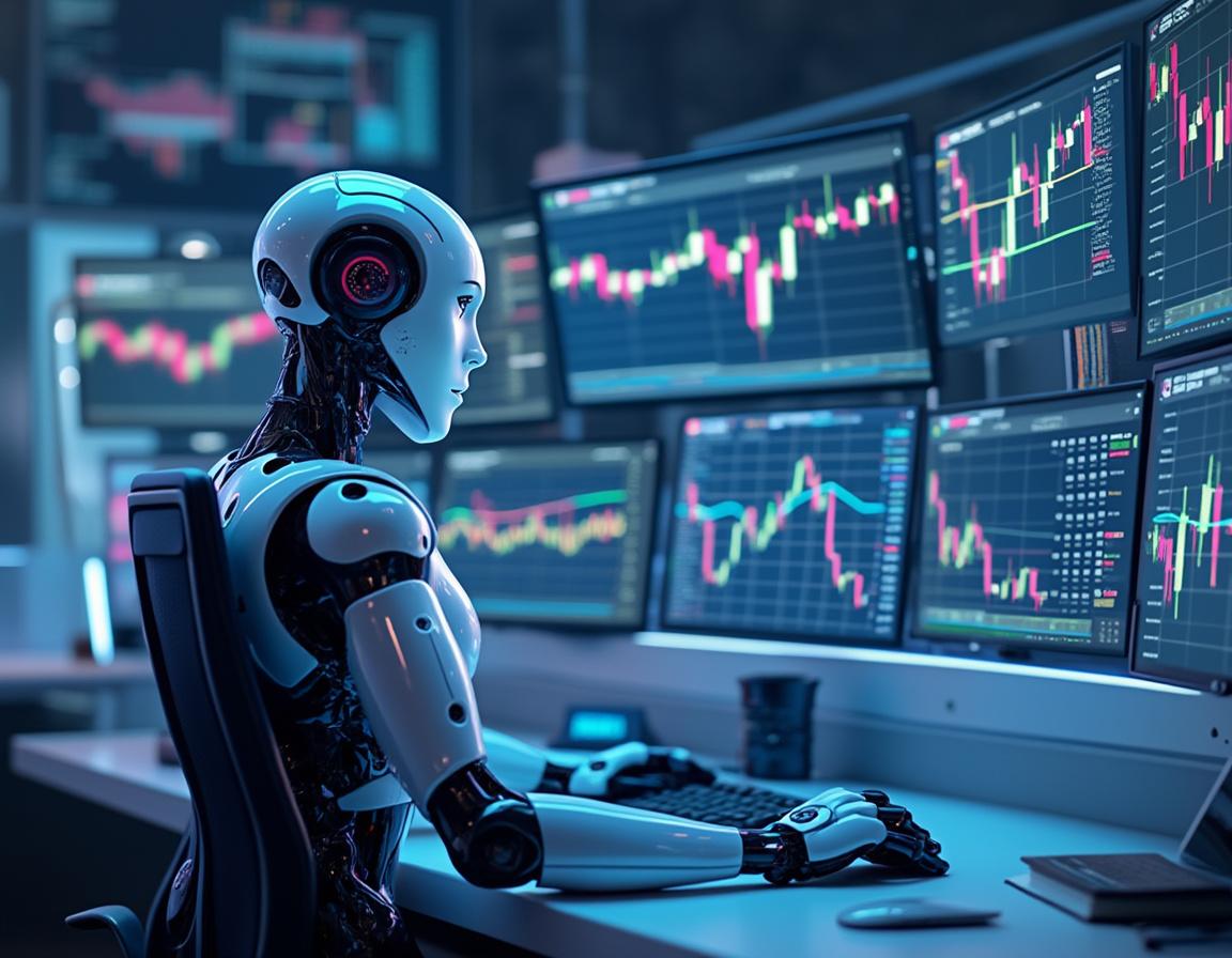 A hyper-realistic AI trading bot at a workstation, analyzing market data on multiple screens.