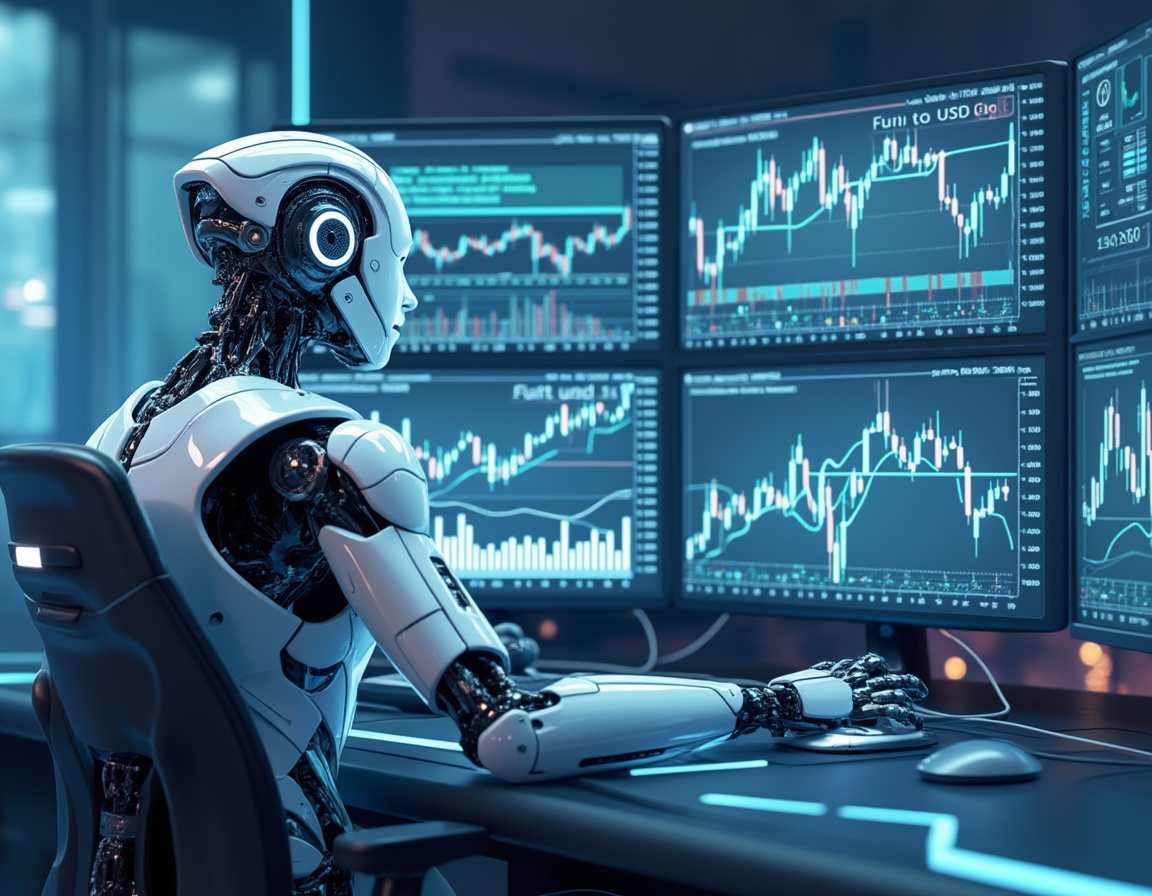 A humanoid AI trading bot at a high-tech workstation analyzes market data on multiple screens.