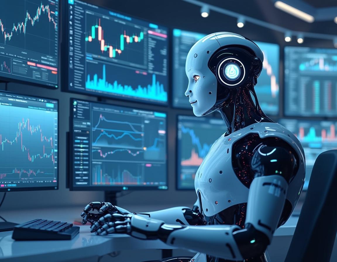 Hyper-realistic AI trading bot in a futuristic setup analyzing market data on multiple screens.