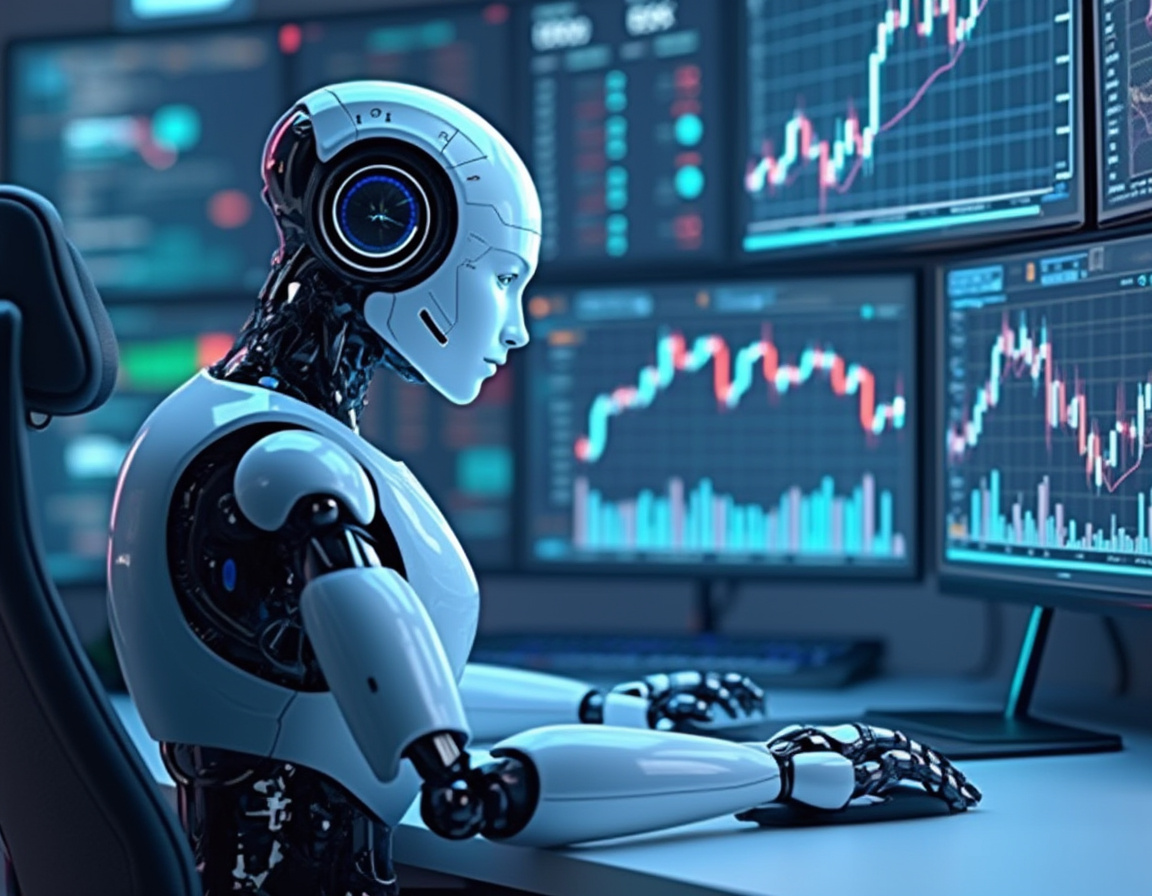 A hyper-realistic AI trading bot at a high-tech workstation analyzing stock and crypto market data.